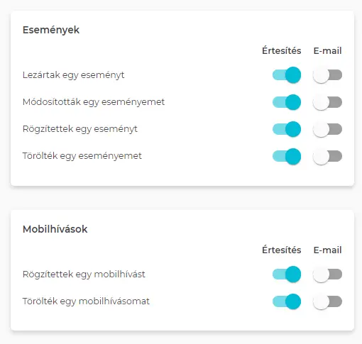 "Események és mobilhívások értesítései"