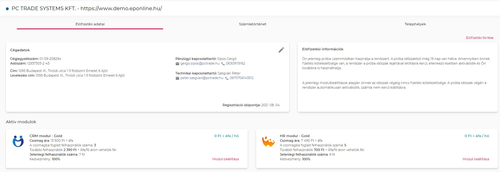 "Előfizetés adatai"